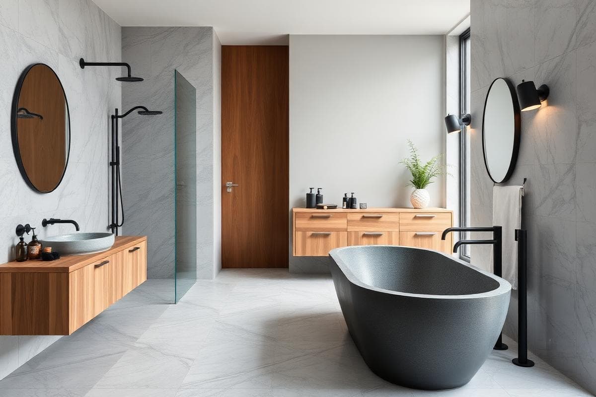 Badkamer met vrijstaand bad, houten badkamermeubel en inloopdouche