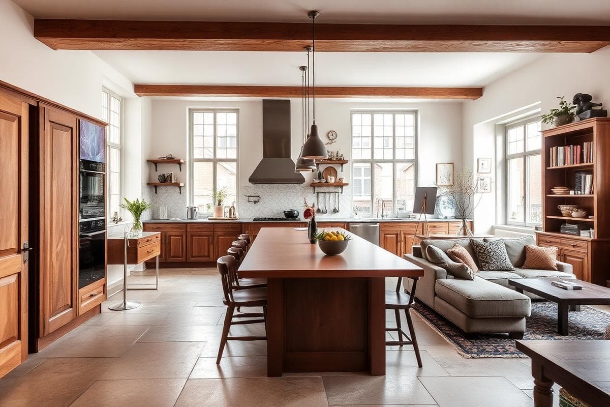 Open keuken met houten kasten, kookeiland en zichtbare balken